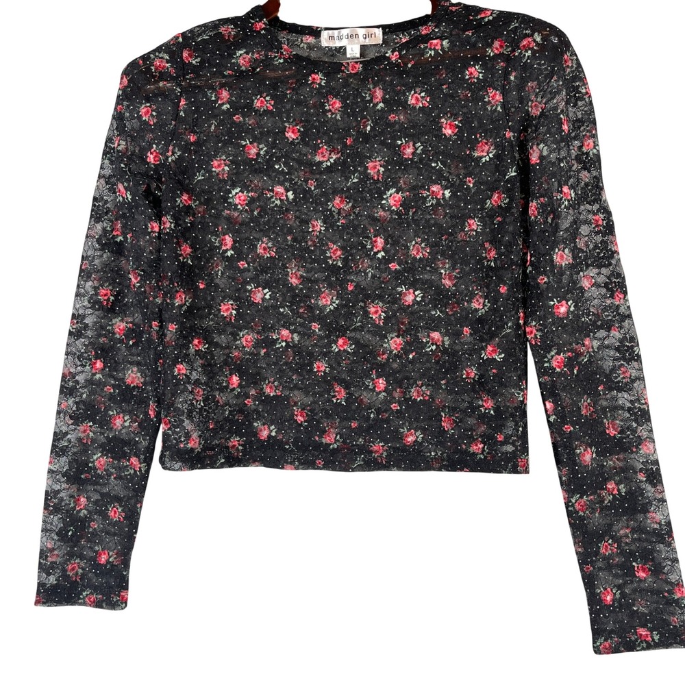 Floral Lace Mesh Crop Top L Black Sheer Goth Grunge Dark Fairy Y2K Coquette Rose
